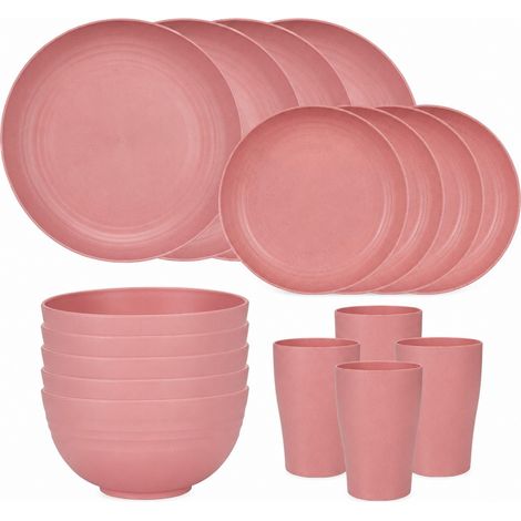 Service de table en paille de blé rose, 16 pièces, assiettes, bols, tasses, compatible micro-ondes, style minimaliste moderne. (1/5)