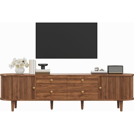 Meuble TV bas avec portes coulissantes, 4 tiroirs, bords arrondis, relief ondulé, pieds en bois et finitions bois foncé  CHICFURN (1/5)