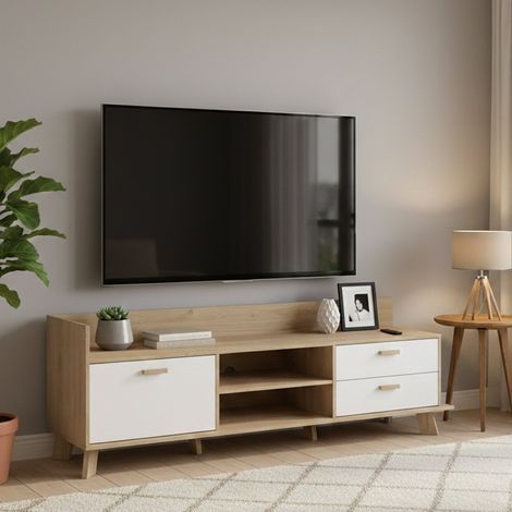 Dmora - Mueble de televisión Agathis, Aparador de salón, Mueble bajo para TV, Base de pared equipada, 182x51 h62 cm, Roble y Blanco (1/5)