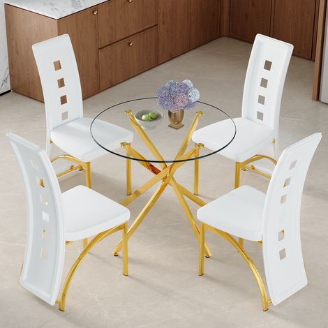 Ensemble table à manger 88 cm en verre trempé + 4 chaises blanches similicuir perforé géométrique – moderne, minimaliste, luxe (1/4)