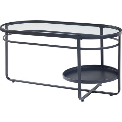 Mesa de centro consola lateral con tablero ovalado y estante metal cristal templado 90 x 43 x 46 cm negro 030010812