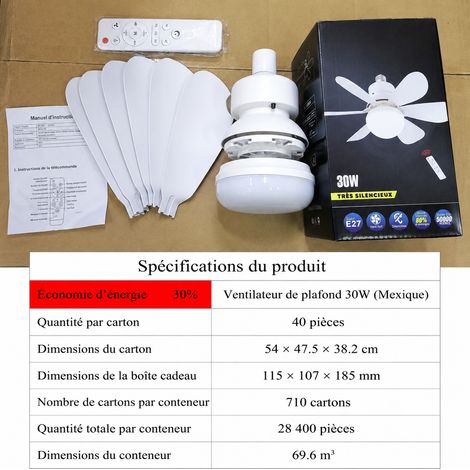 Ventilateur de plafond lampe LED 30W E27 420mm 6 pales blanc télécommande 11 × 11 × 22 cm 450 g – Livraison gratuite (1/5)