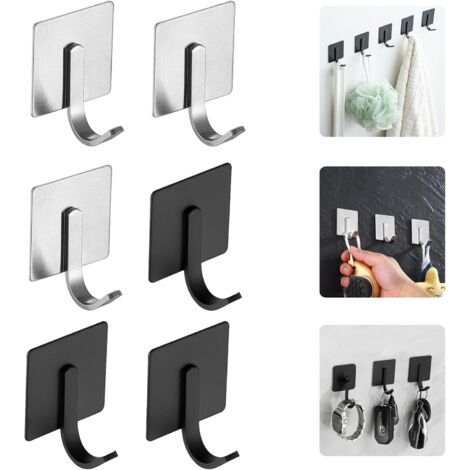 6 Pièces Accroche Torchon Cuisine, Accroche Serviette Salle De Bain, Crochet Adhésif Tableau, Crochet Adhesif Mural 3m Pour Chambre, Salon, Cuisine, Bureau, Acier Inox (Noir Et Argent) (1/5)