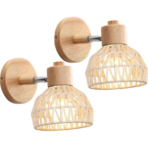 Lot de 2 Appliques Murales Intérieures 20CM Lampe Murale Réglable en Bois et Rotin Rétro E27 Luminaire Applique Vintage pour Chambre(Rotin Blanc) (1/5)