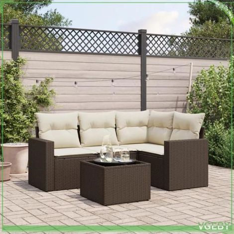 Salon de jardin 5 pièces modulaire - 3251260 - Résine tressée marron - Coussins crème déhoussables - Rangement sous assise (1/3)