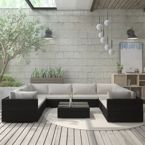 9-tlg. Garten-Lounge-Set mit Auflagen Poly Rattan Schwarz