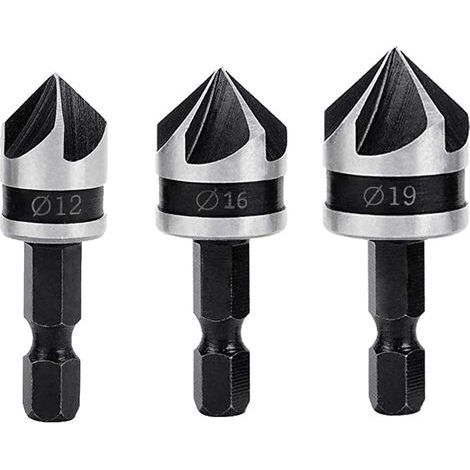 3PCS Fraises à Chanfreiner 90 Degrés 5 Flûte Fraise Conique à Noyer 12mm/16mm/19mm Fraise Bois 1/4" Hex Foret Fraisage Bois en Acier au Carbone Coupe de Chanfreinage de Bois