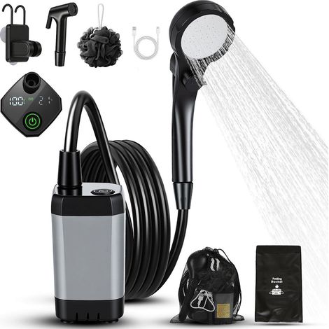 TolleTour Tragbare Campingdusche, Gartendusche mit 20L Falt-Eimer, Temperaturanzeige, Duschkopf und 2 m Schlauch, Waschen des Autos, Strand, Camping, Haustier