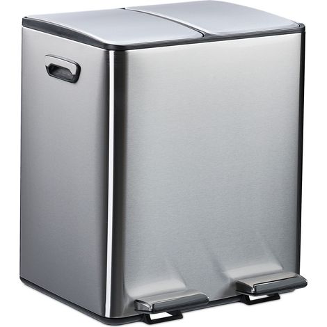 Relaxdays Pattumiera a Pedale da Cucina, 2 Scomparti 15 L Raccolta Carta e Plastica, Coperchio Silenziosa, Argentato