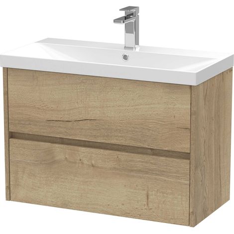 Nuie Havana Autumn Oak Woodgrain 800mm Wall Hung 2 Drawer Vanity Unit and Thin Edge Ceramic Basin - HAV806D (1/4)