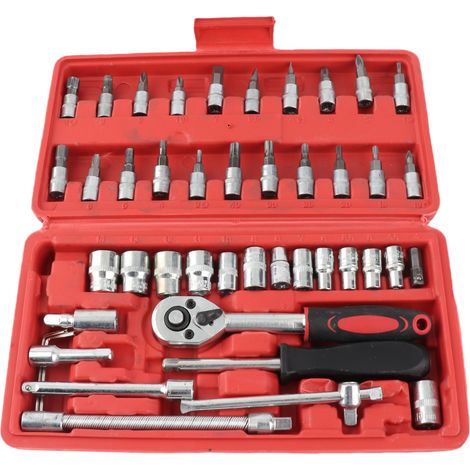 Ortviai Jeu de 46 pièces d'outils de réparation automobile avec cliquet – Clé à douille et tournevis ergonomique en acier chromovanadium, rouge (1/5)