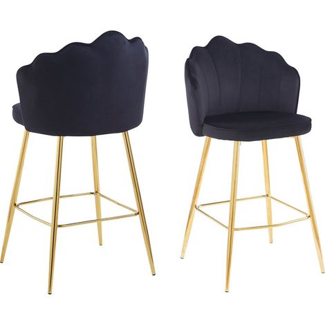 Lot de 2 Tabourets de Bar Design Coquillage en Velours Noir et Pieds en Métal Doré - PANGIVO (1/5)