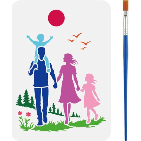 Pochoir Peinture Silhouettes Famille Personnes avec Pinceau 29.7x21cm Pochoir Familial Réutilisable Pochoirs Représentant une Famille Quatre Personnes Promenant Forêt pour Bois Mur Tissu (1/5)