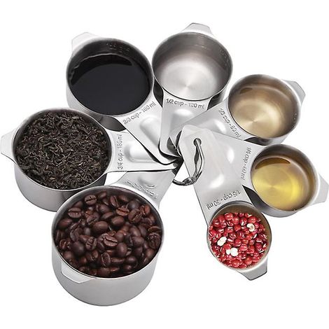 Set aus 7 Messbechern aus Edelstahl mit breitem Griff für trockene und flüssige Zutaten, darunter 30 ml, 60 ml, 80 ml, 120 ml, 160 ml, 180 ml und 240 ml. (1/5)