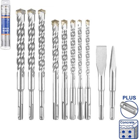 Ensemble de 10 forets et burins pour perceuse à percussion WADFOW SDS-Plus, en acier