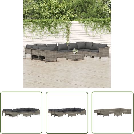 The Living Store Salon de jardin 11 pcs avec coussins Gris Résine tressée - Salon De Jardin - Mobilier De Jardin - Set De Salon Extérieur - Meubles De Jardin - Chaise Lounge (1/5)