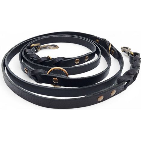 Laisse Réglable Multi-position pour Chien en Cuir Pleine Fleur Noir 220 cm - PANGIVO