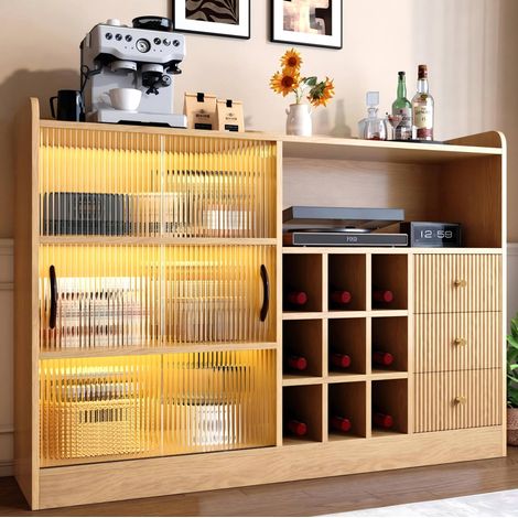 Aparador 120 cm con puertas correderas de vidrio, botellero y LED, acabado madera natural DESVIAE (1/5)