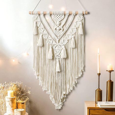Beigefarbener, aus Baumwolle gewebter, geometrischer Wandteppich, handgefertigter Wandteppich im Bohemian-Stil mit Quaste, handwerkliche Verzierung für Schlafzimmer, Wohnzimmer, Wohnung, Kinderzimmer 