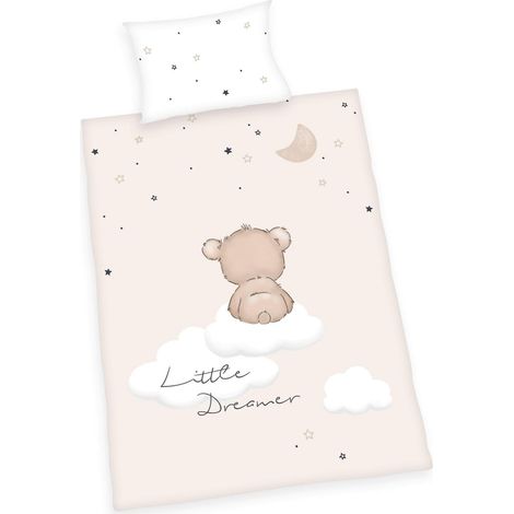 Parure de Lit Little Dreamer, Taie de Coussin 40x60cm avec Rabat, Housse de Couette 100x135cm avec Fermeture éclair facile à manier, 100% Coton/renforcé, Blanc/beige (1/5)