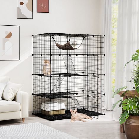 Cage pour chat noire 4 étages en métal et panneaux PP avec lucarne, hamac, échelle et portes verrouillables pour salon et intérieur (1/5)