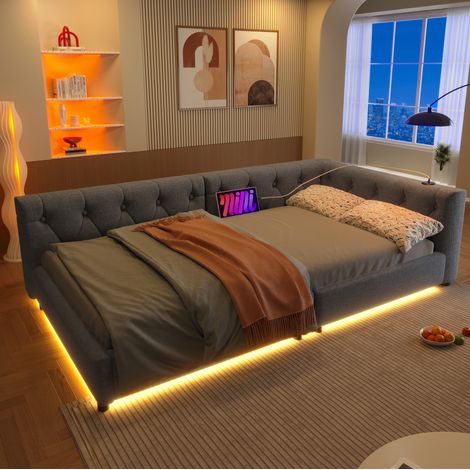 lit adulte banquette couchage USB LED 90x200 lin gris OKMYHOME (1/5)