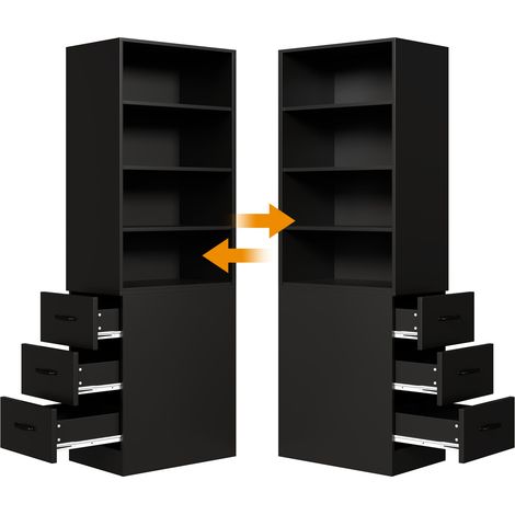 Libreria stretta 180 cm con 3 cassetti e ripiani regolabili, nero, 60 x 38 x 180 cm (1/5)