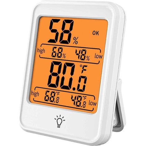 Thermo-hygromètre numérique – Avec réveil, rétroéclairage et aimant – Mesure température et humidité avec valeurs min/max – 6 x 8 x 2,3 cm – Blanc (1/5)