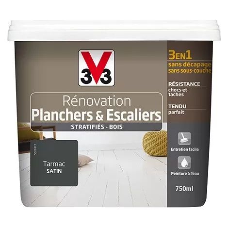 V33 – Peinture rénovation pour planchers et escaliers – Aspect satin – 0,75 L – Pour bois brut, peint ou vitrifié (1/3)