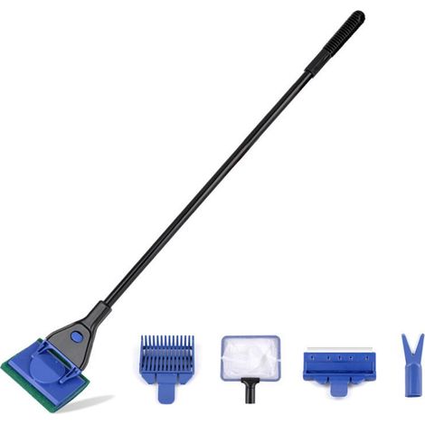 Outils de nettoyage pour aquarium, kit de nettoyage pour aquarium avec manche long réglable, 5 outils en 1 comprenant une épuisette et un grattoir à algues