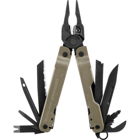 Leatherman Super Tool 300M, multiherramienta táctica para militares y mantenimiento de armas, 18 funciones, acero inoxidable 420HC, óxido negro, funda MOLLE marrón. (1/5)