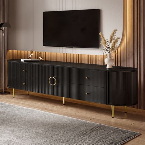 Meuble TV Design de Luxe - 180x40x53cm - Lowboard Moderne en MDF avec Portes Ondulées et Pieds en Métal pour Salon - Noir (1/5)