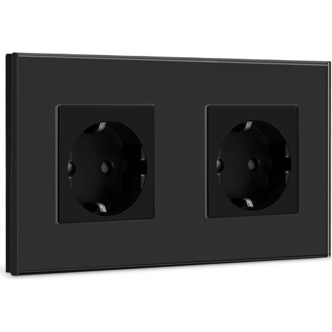 Schuko 2-Wege-Glaswandsteckdose, Unterputz, mit Kristallglasplatte, Doppelwandsteckdose 16A EU-Standard, schwarz - 157 mm.