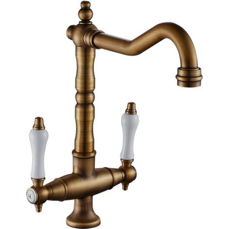 Mélangeur de lavabo Robinet de cuisine antique, pivotant à 360 degrés, robinet d'évier à deux poignées, mitigeur haute pression, bec haut en laiton (1/5)
