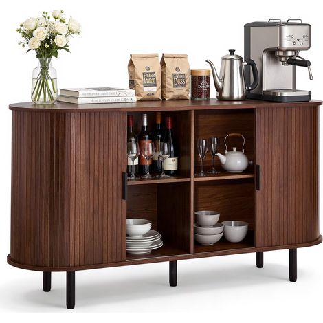 Buffet Style Milieu du Siècle, Meuble de Rangement Cuisine avec 2 Portes Coulissantes, Meuble pour Coin Café avec Rangement, Enfilade pour Salon, Entrée et Couloir, 140x40x75 cm, Couleur Noyer (1/5)
