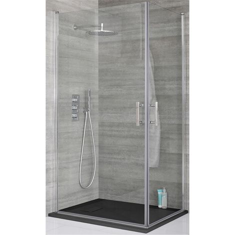 Milano Portland Chrome Corner Walk In Wet Room Double Hinged Door Shower Enclosure with Graphite Slate Effect Tray and Fast Flow Waste - 900mm x 900mm (1/5)