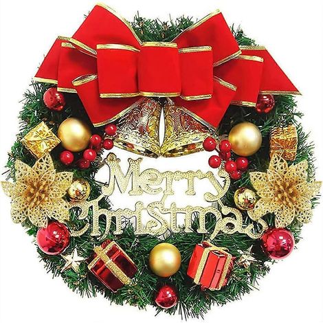 Weihnachtskranz, 30 cm, künstlicher Blumenkranz, Weihnachtsdekoration mit Jingle Bell-Girlande und Schleife, Weihnachtsbaum-Türdekoration (AAA) (1/4)