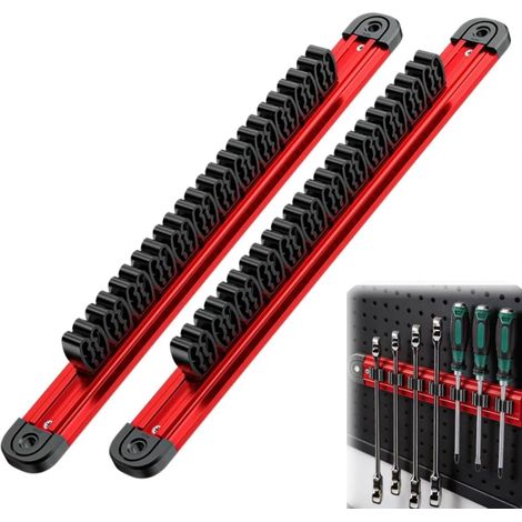 Set di 2 supporti magnetici da parete per utensili – 39,5 cm – 12 clip scorrevoli per binario – Potente magnete al neodimio – Ideale per garage, officina e cucina – Adatto per cacciaviti, pinze e chia (1/5)