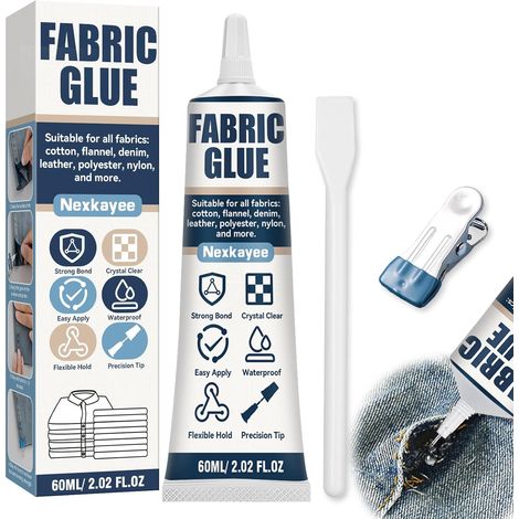 Colle pour tissus - Adhésif transparent et imperméable, résistant au lavage, idéal pour le coton, la flanelle, le denim, le polyester, le cuir et les réparations textiles, 60 ml (1/5)