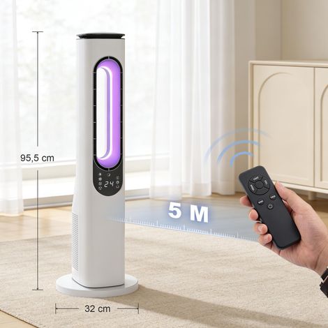 Ventilateur tour sans pales avec éclairage LED, télécommande, 3 vitesses, 3 modes, minuterie 15 h, oscillation à 50°, blanc (1/5)