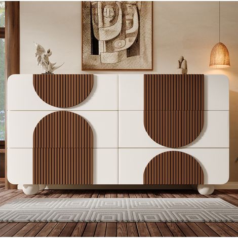 Cómoda 121x41x71 cm blanca de madera con 6 cajones, diseño curvo y sistema antivuelco (1/5)