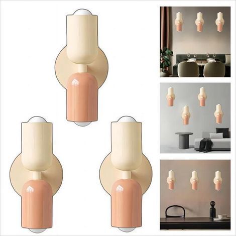 Applique Murale Intérieur Moderne 3pcs, 2 têtes E27 Lampe Murale Scandinavie Décoration pour Chambre Salon, Beige + Rose (1/4)