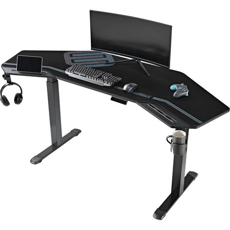 Bureau électrique ajustable 182×76cm forme aile. Grand espace gaming, équipé support écran LED et plateau clavier coulissant