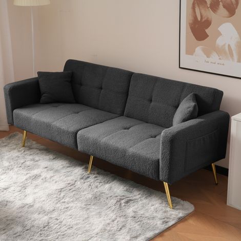Sofá cama 2 plazas 175x64x72 cm de tejido peluche gris oscuro, ahorro de espacio FloraGrace (1/5)