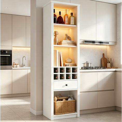 Vitrina con 12 Compartimentos y 1 Cajón, LED USB, para Salón Cocina y Comedor, MDF, Blanco, 55×40×200 cm (1/5)