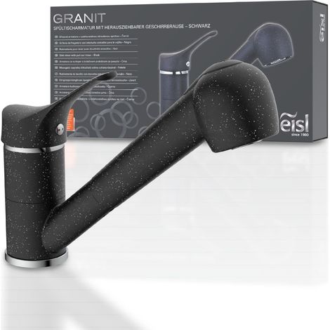 Robinet d'évier avec douchette à 90° orientable Idéal pour double évier, robinet de cuisine, mitigeur monocommande avec douchette, noir (1/5)