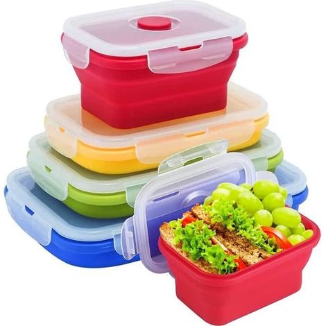 Boîte à lunch pliante en silicone - LECOO - 4 pièces - Empilable - Micro-ondes & Lave-vaisselle - 350/500/800/1200 ml (1/4)