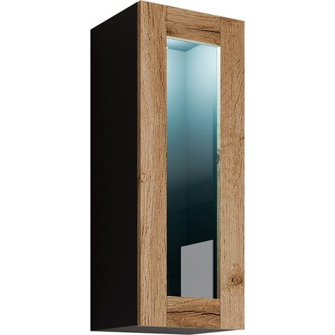 Armario de pared Vilrin VII, Negro + Roble wotan, 90x35cm, Número de puertas: 132cm, Aglomerado laminado, Vidrio templado