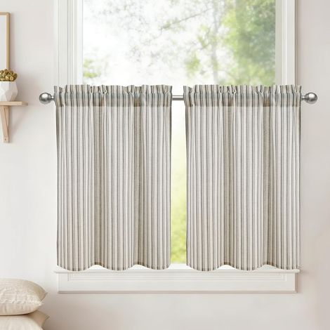 Lot de 2 rideaux courts rayés gris en lin - H45xL90 cm - Modernes - Pour cuisine, semi-transparents - Rideaux pour fenêtre, pour rideau de cuisine, salon, remise à neuf, balcon, caravane (1/5)