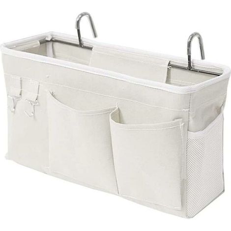 Sac de lit organisateur de lit avec crochets poche suspendue sac de rangement de lit mezzanine pour livre, magazine, téléphone portable, rangement de lit pour écouteurs (blanc) (1/4)